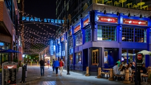 Pearl Street glows at night